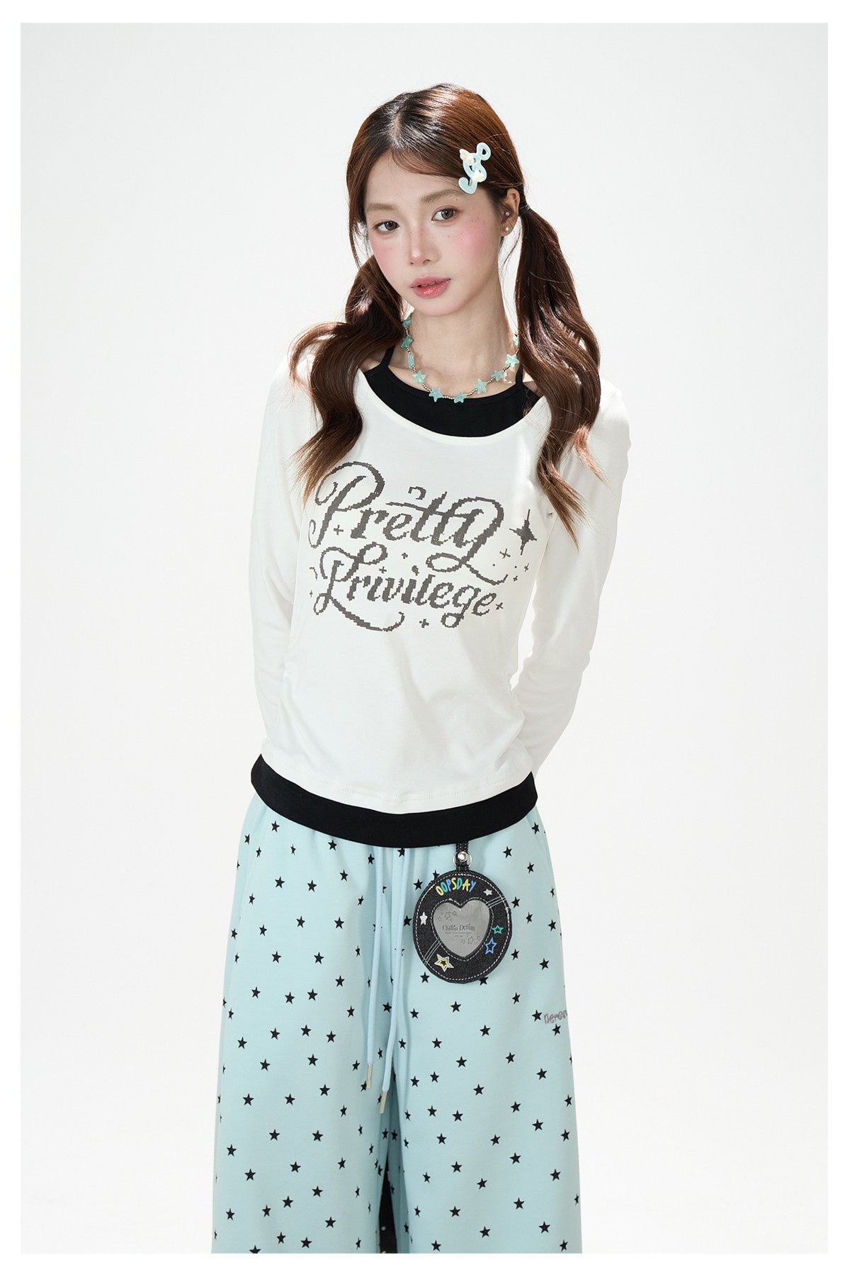Contrast Halter Layered Long Sleeve Top & Allover Star Wide-Leg Sweatpants