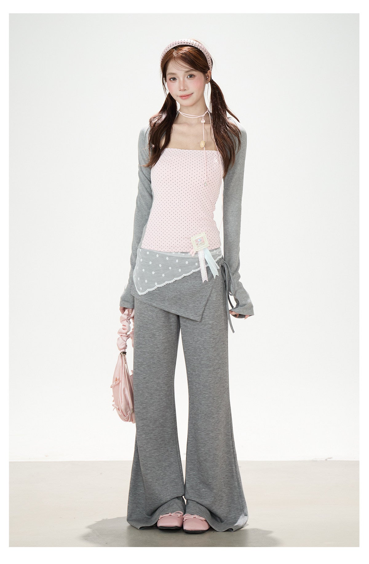 Polka-Dot Layered Cami Long Sleeve Top & Gray Ruffle Shorts