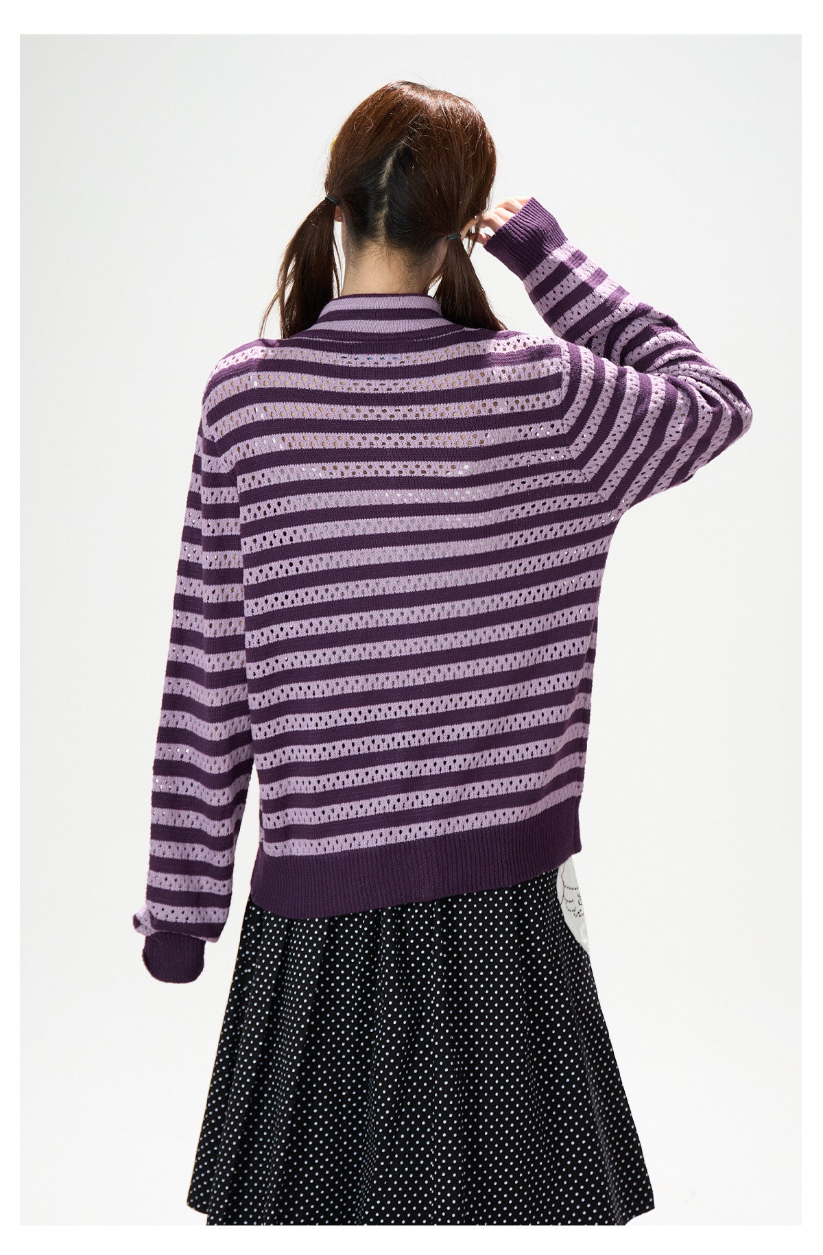 Striped Openwork Knit Cardigan & Black Polka-Dot Pleated Midi Skirt