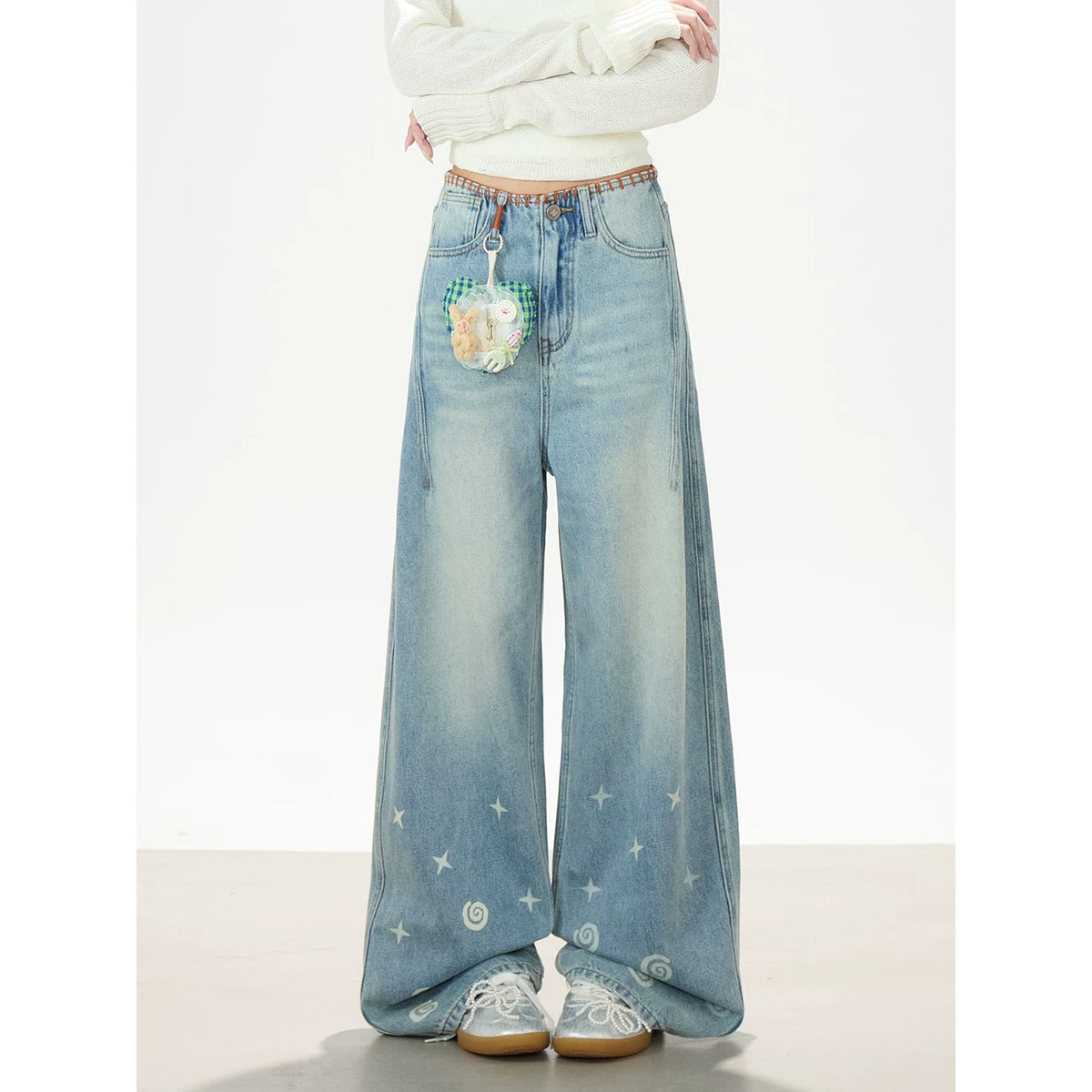 Playful Star Print Washed Wide-Leg Jeans