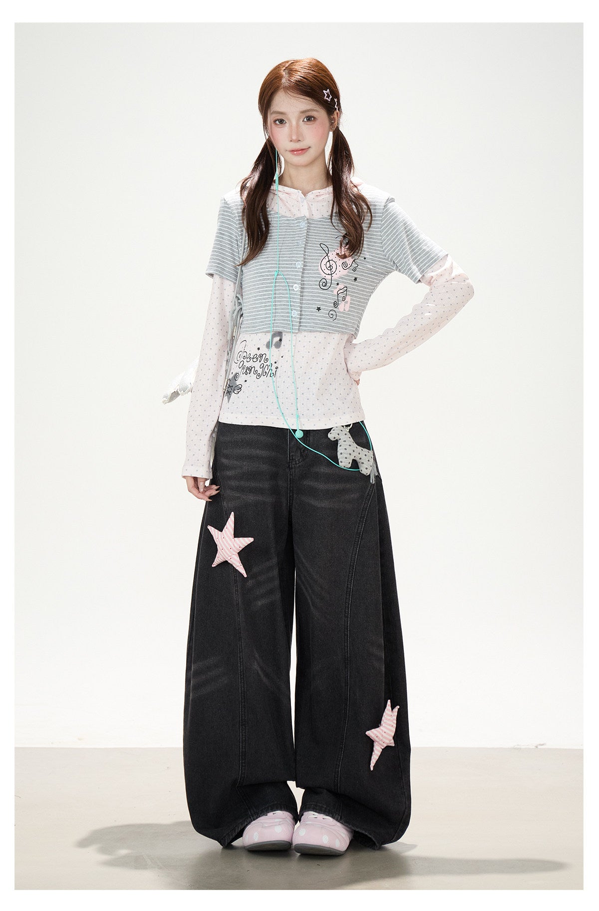 Striped Polka-Dot Layered Two-Piece Top Set & Star Patch Wide-Leg Jeans