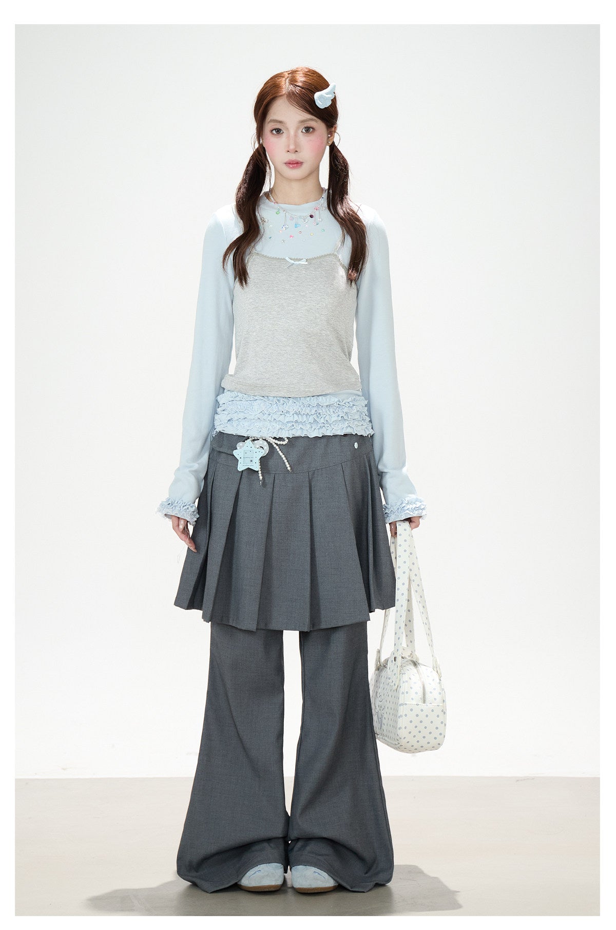 Ruffle Hem Layered Cami Long Sleeve Top & Washed Wide-Leg Jeans