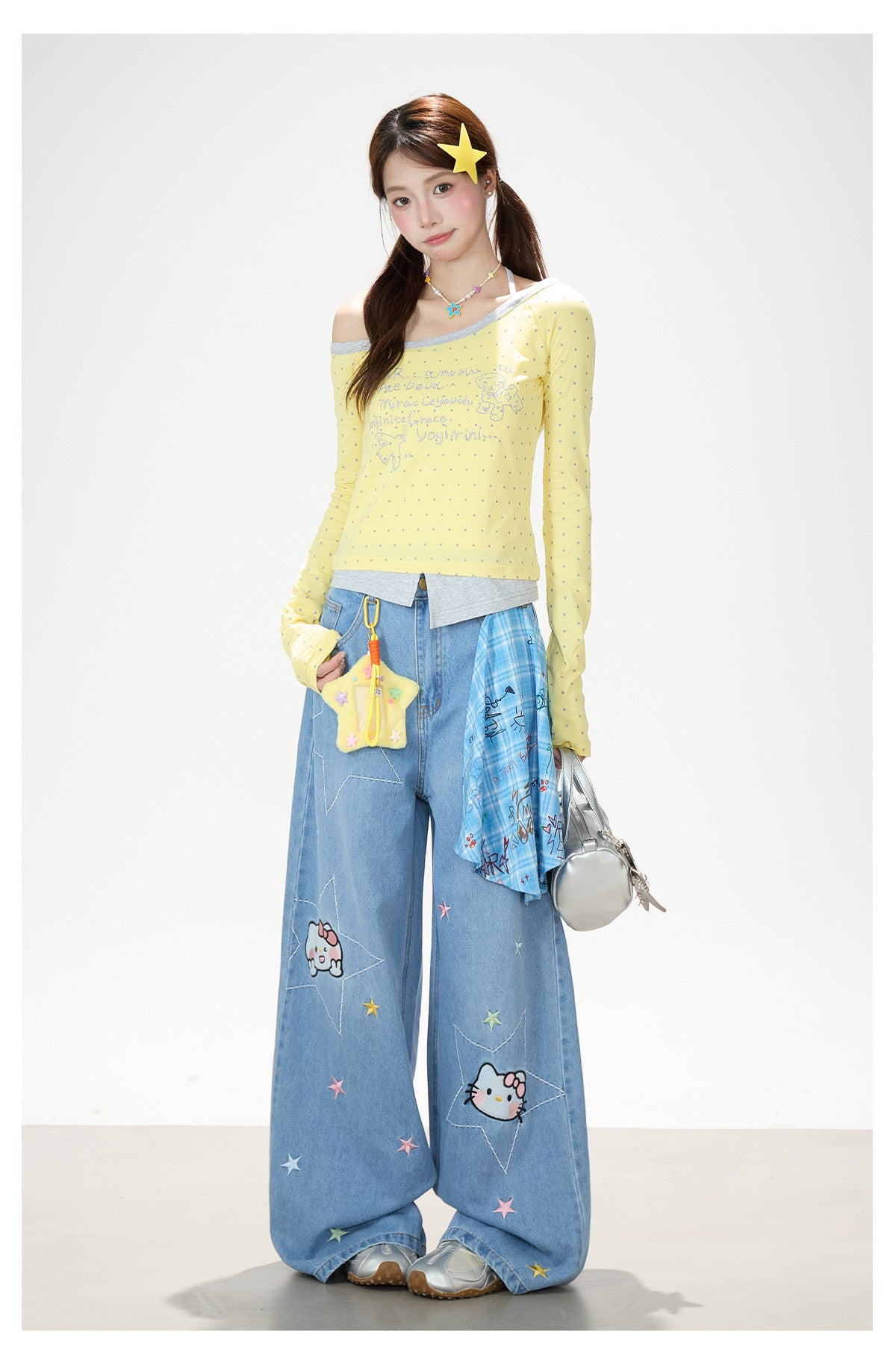 Polka-Dot Halter Off-Shoulder Long Sleeve Top & Wing Lace Wide-Leg Cargo Pants
