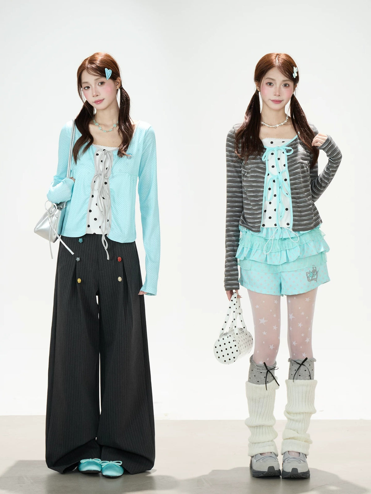 Polka-Dot Tie-Front Layered Long Sleeve Top & Pinstripe Button Wide-Leg Pants