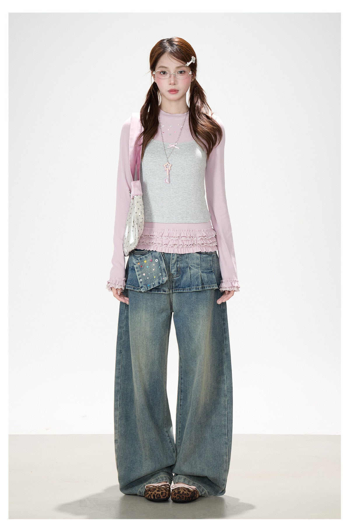 Gray Pink Layered Lace Ruffle Long Sleeve Top