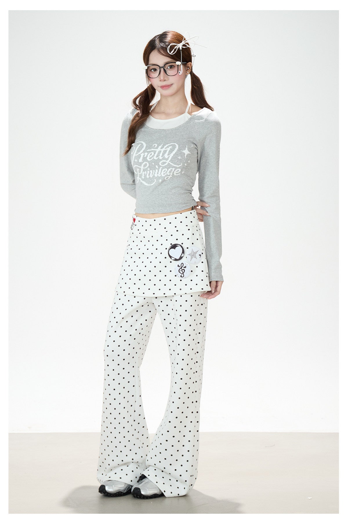 Polka-Dot Skirt-Layer Flared Sweatpants