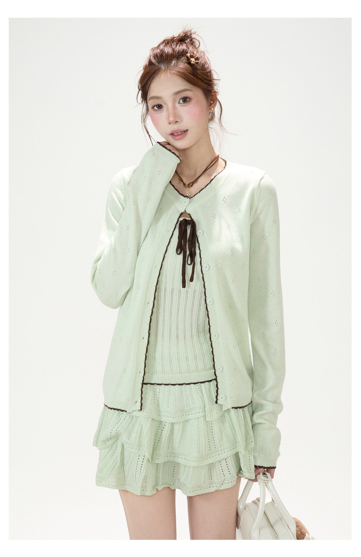 Pointelle Bow Cardigan & Cami Knit Set & Tiered Ruffle Mini Skirt