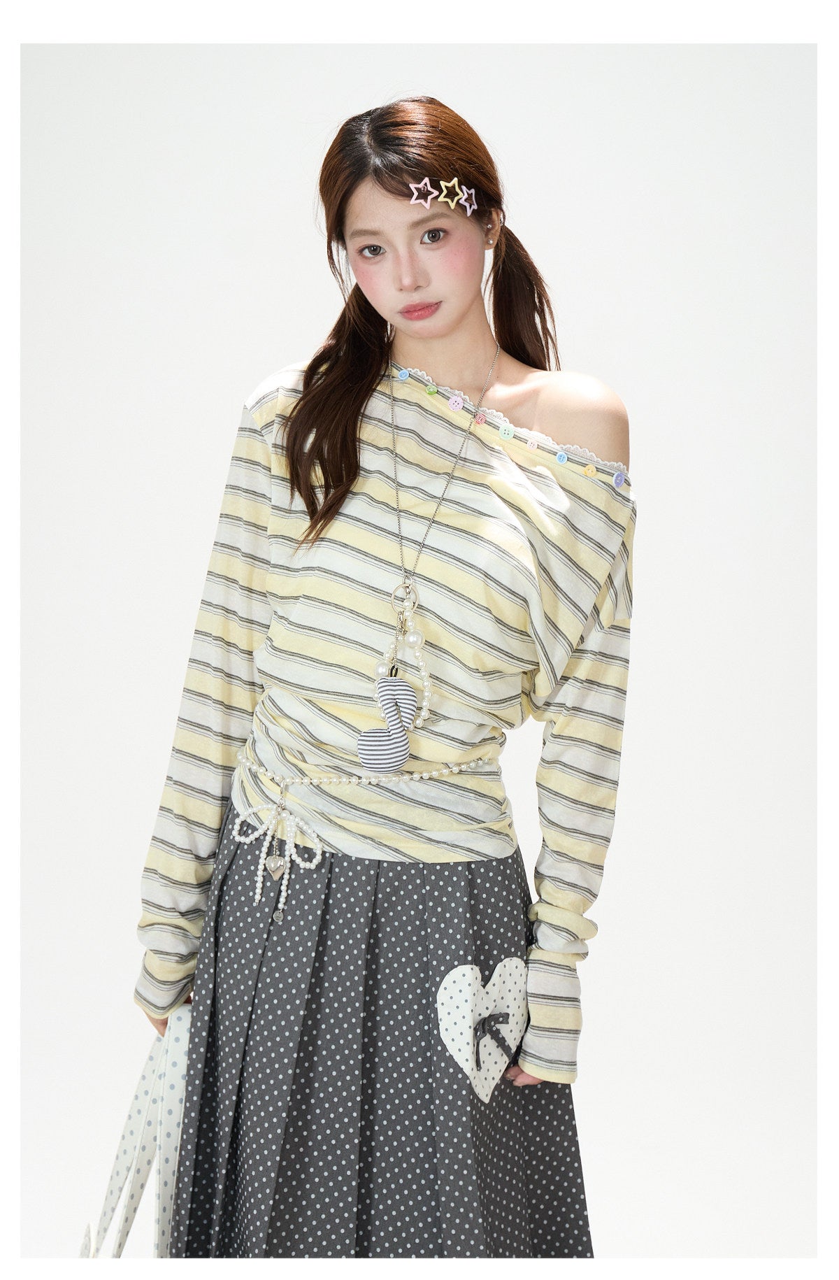 Striped Off-Shoulder Long Sleeve Top & Black Wide-Leg Pants
