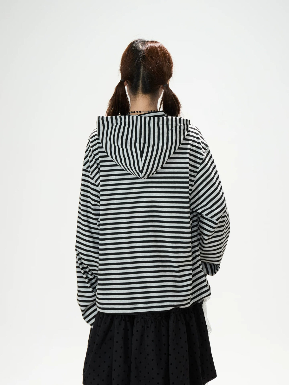 Lace Cross Stripe Zip-Up Hoodie & Black Polka-Dot Ruffle Midi Skirt
