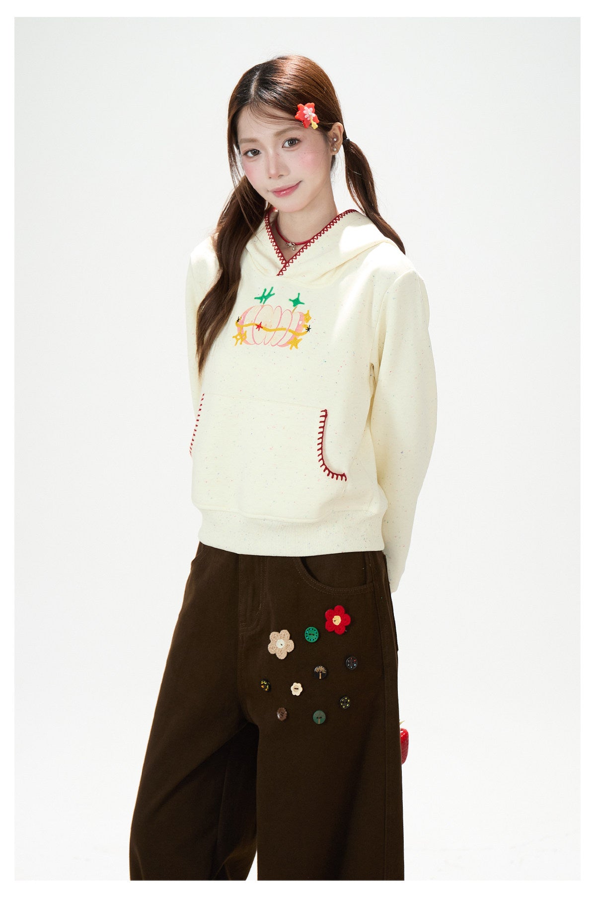 Apple Embroidered Hoodie & Floral Wide-Leg Sweatpants