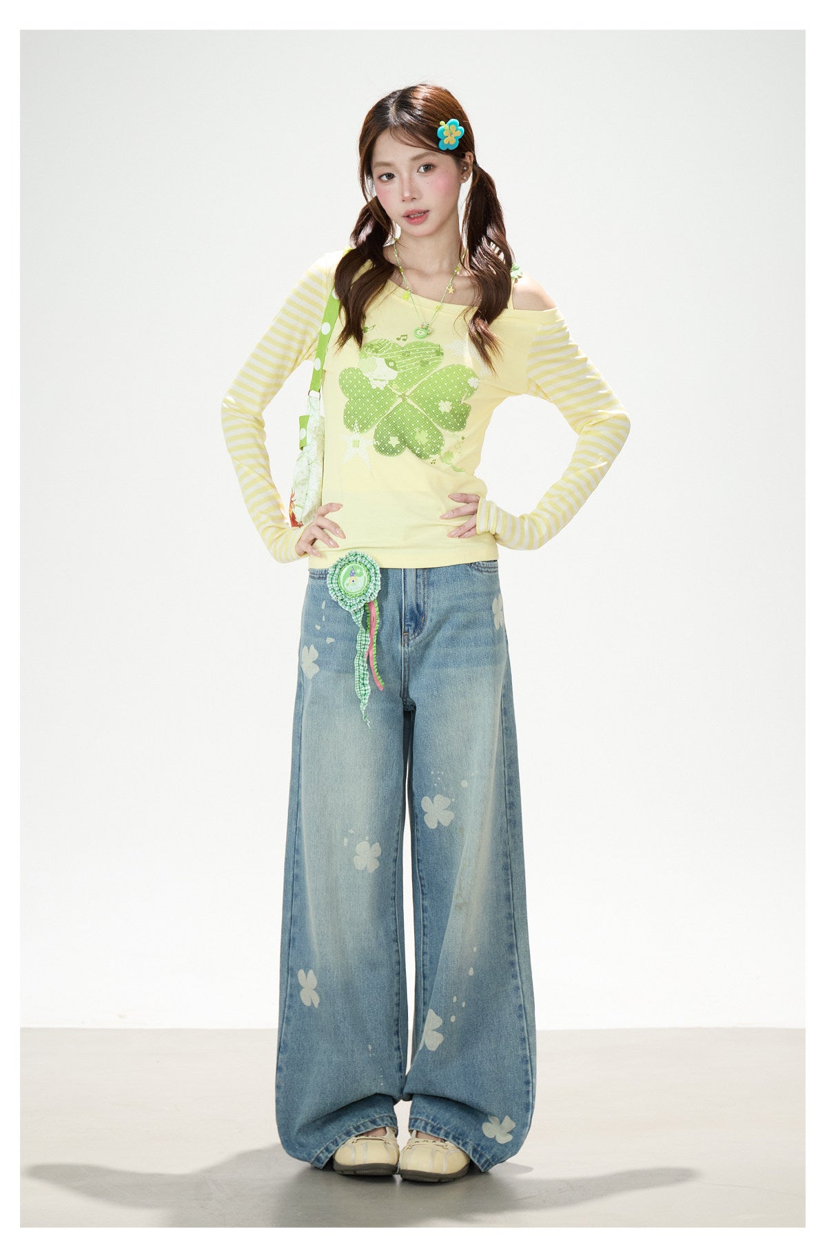 Clover Stripe Off-Shoulder Long Sleeve Top & Star Music Note Wide-Leg Jeans