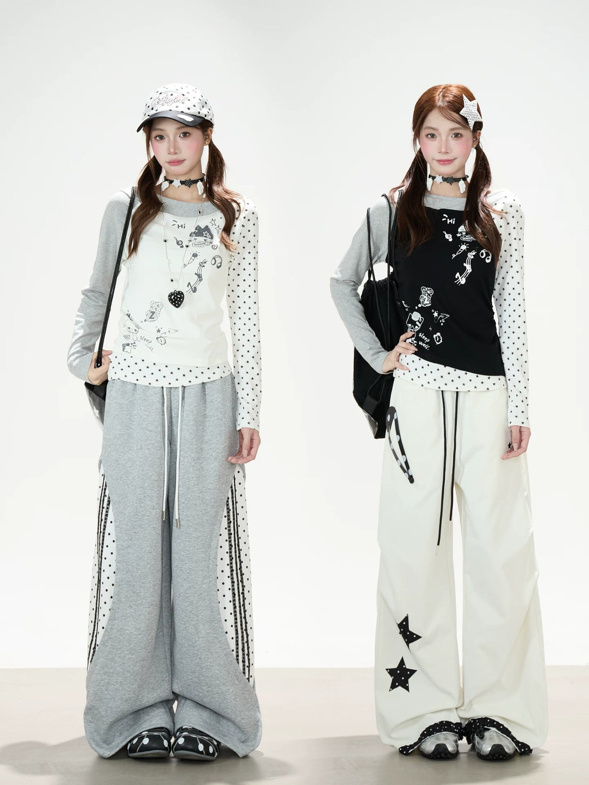 Cartoon Star Off-Shoulder Long Sleeve Top & Star Patch Wide-Leg Pants