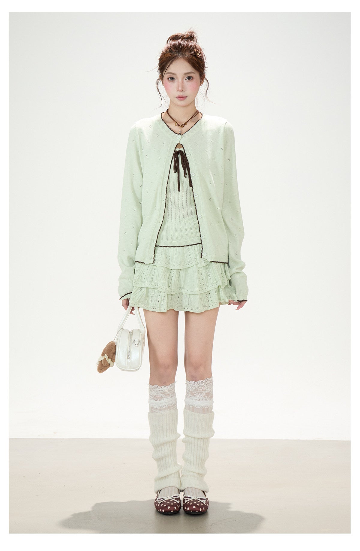 Pointelle Bow Cardigan & Cami Knit Set & Tiered Ruffle Mini Skirt