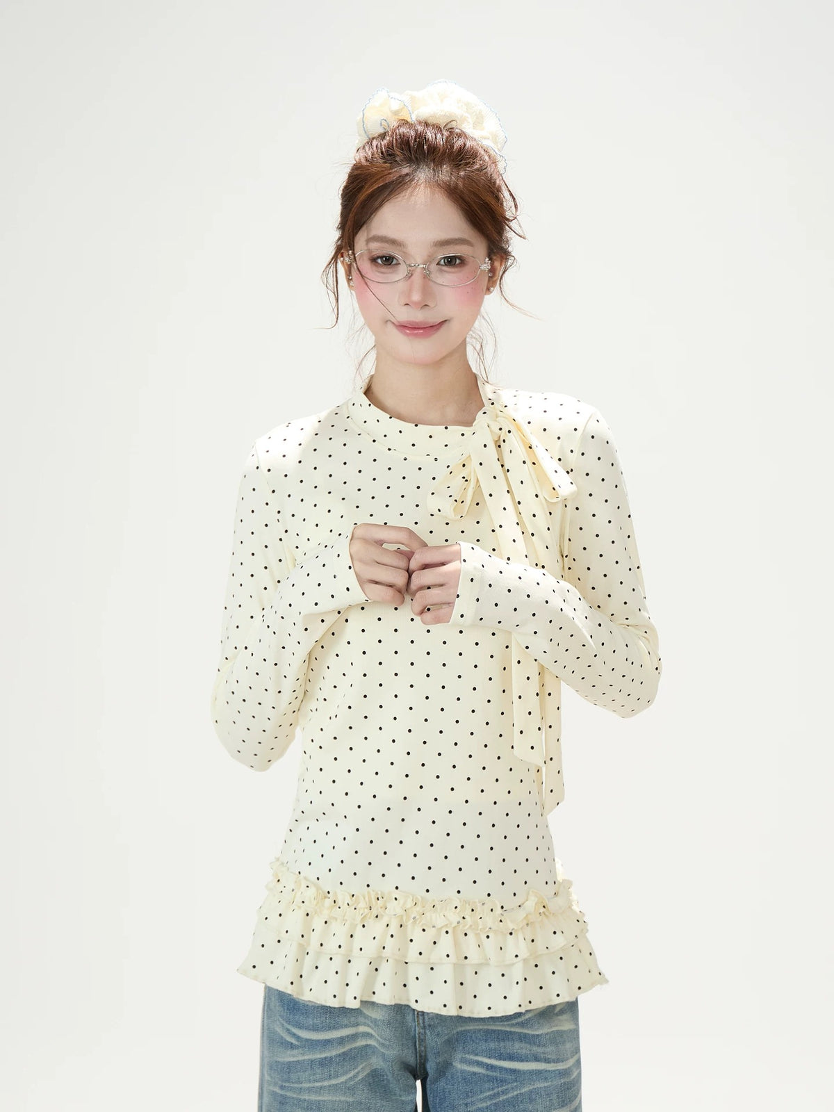 Polka-Dot Bow Ruffle-Hem Long Sleeve Top & Washed Flare Jeans