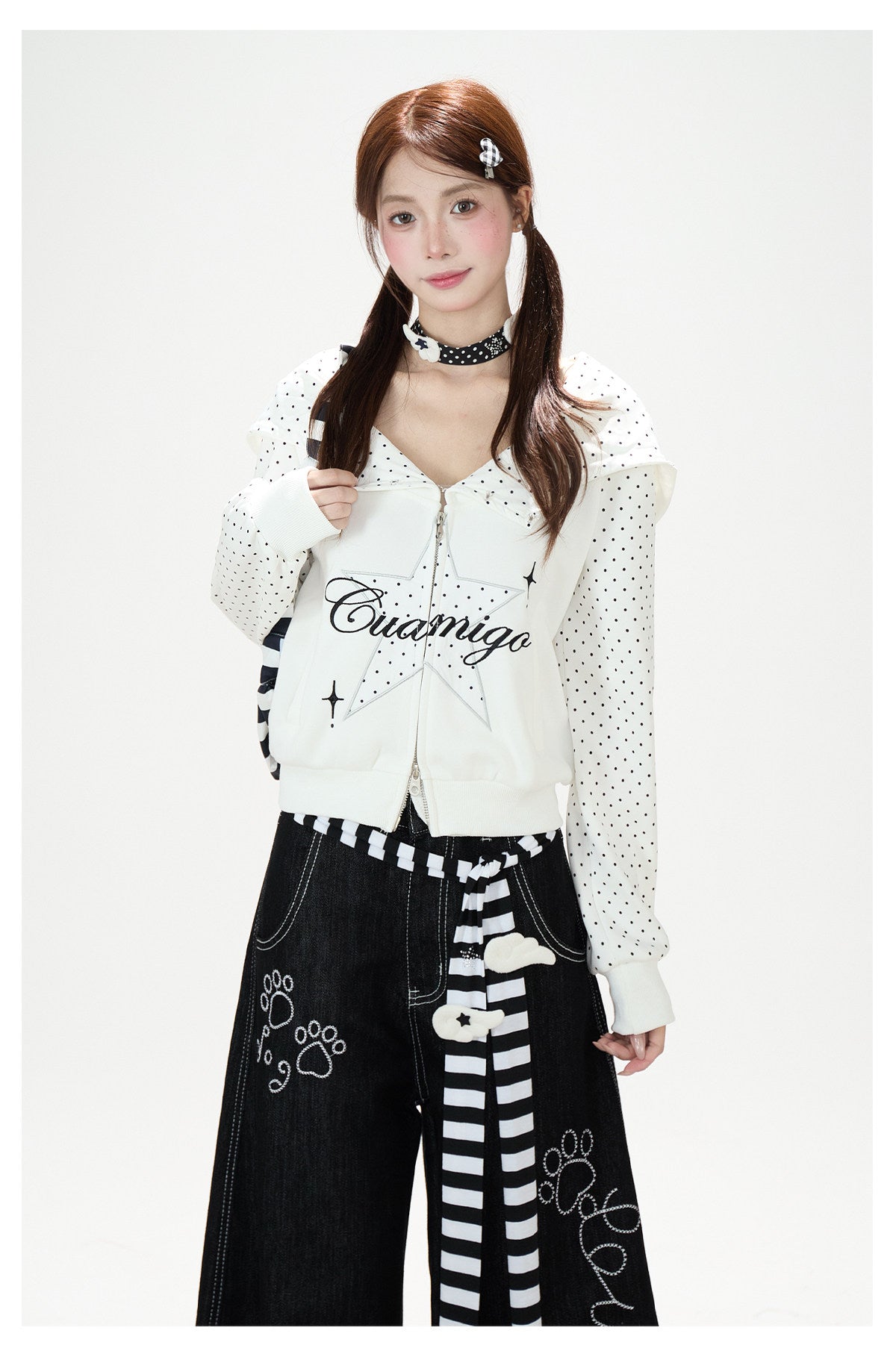Star Polka-Dot Cropped Zip-Up Hoodie & Paw Print Graphic Wide-Leg Jeans