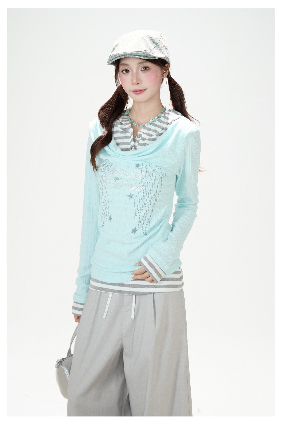 Angel Wing Graphic Hooded Stripe Layered Long Sleeve Top
