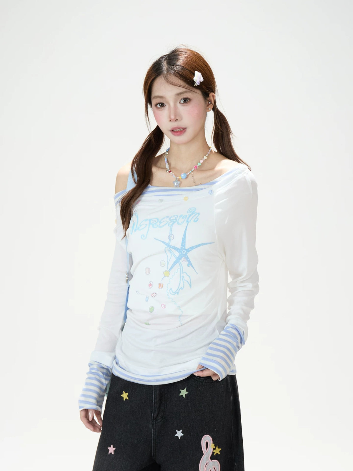 Starfish Off-Shoulder Layered Long Sleeve Top & White Wide-Leg Pants