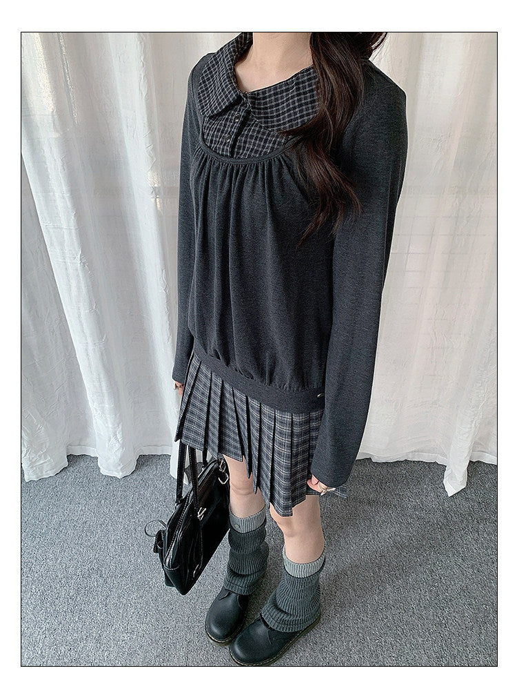 Plaid Collar Layered Long Sleeve Top