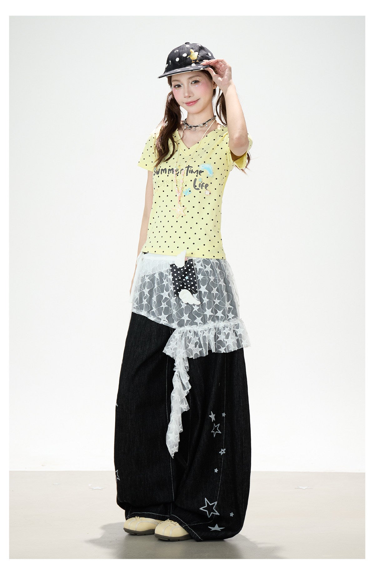 Star Print Lace Layered Wide-Leg Jeans