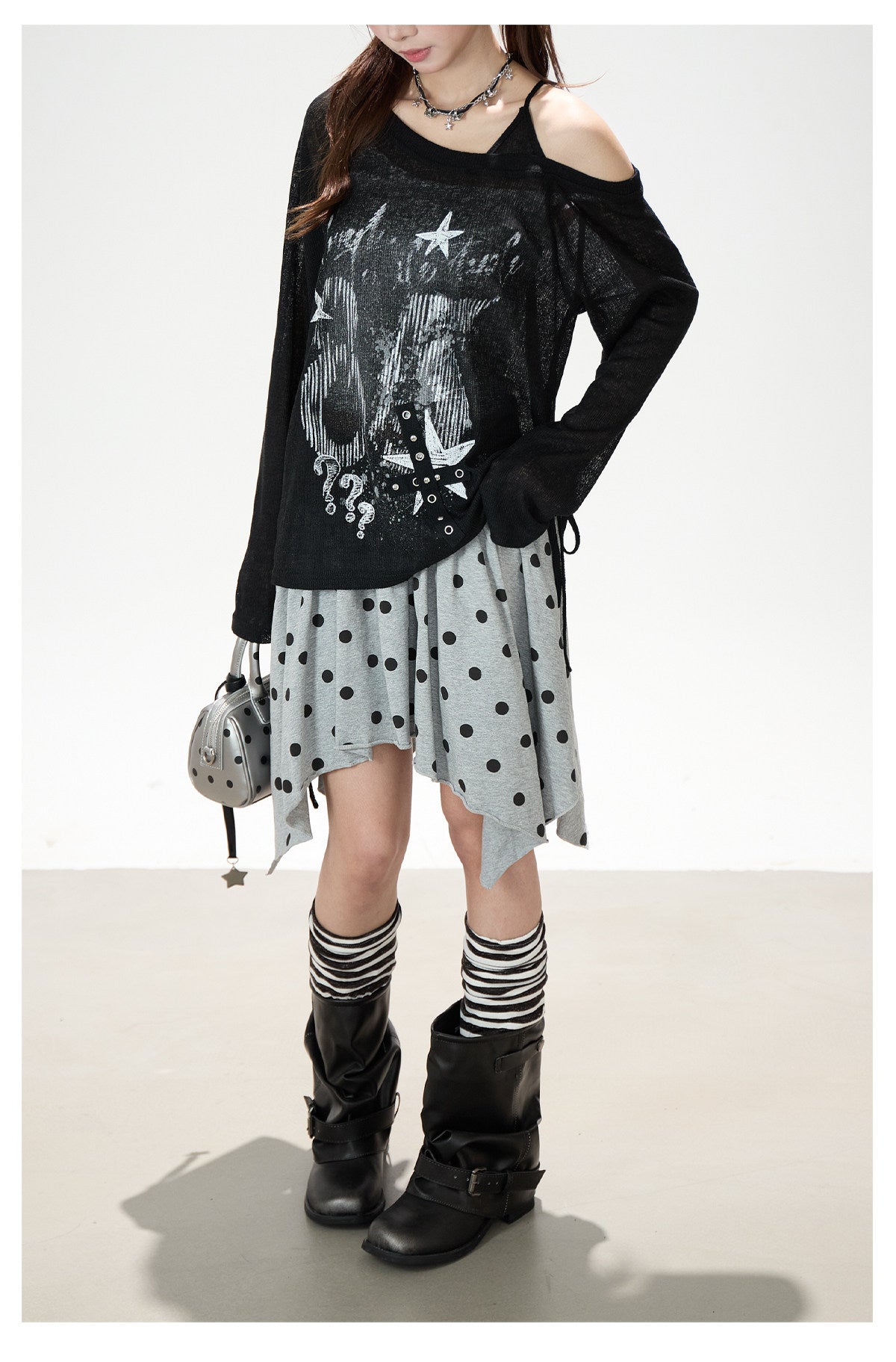 Dark Graffiti Off-Shoulder Long Sleeve Top & Asymmetric Polka-Dot Mini Skirt