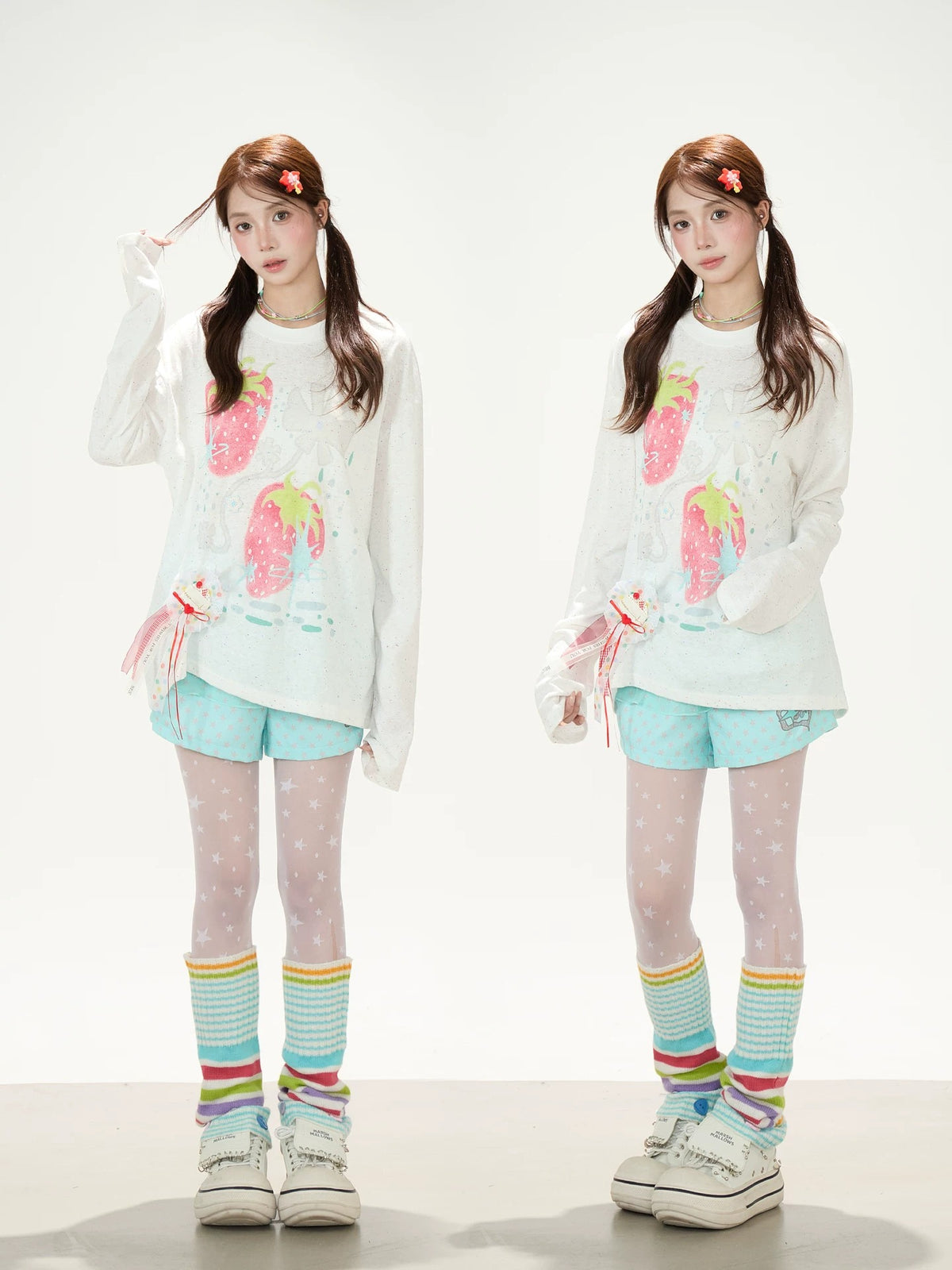 Strawberry Doodle Long Sleeve Tee & Aqua Polka-Dot Shorts