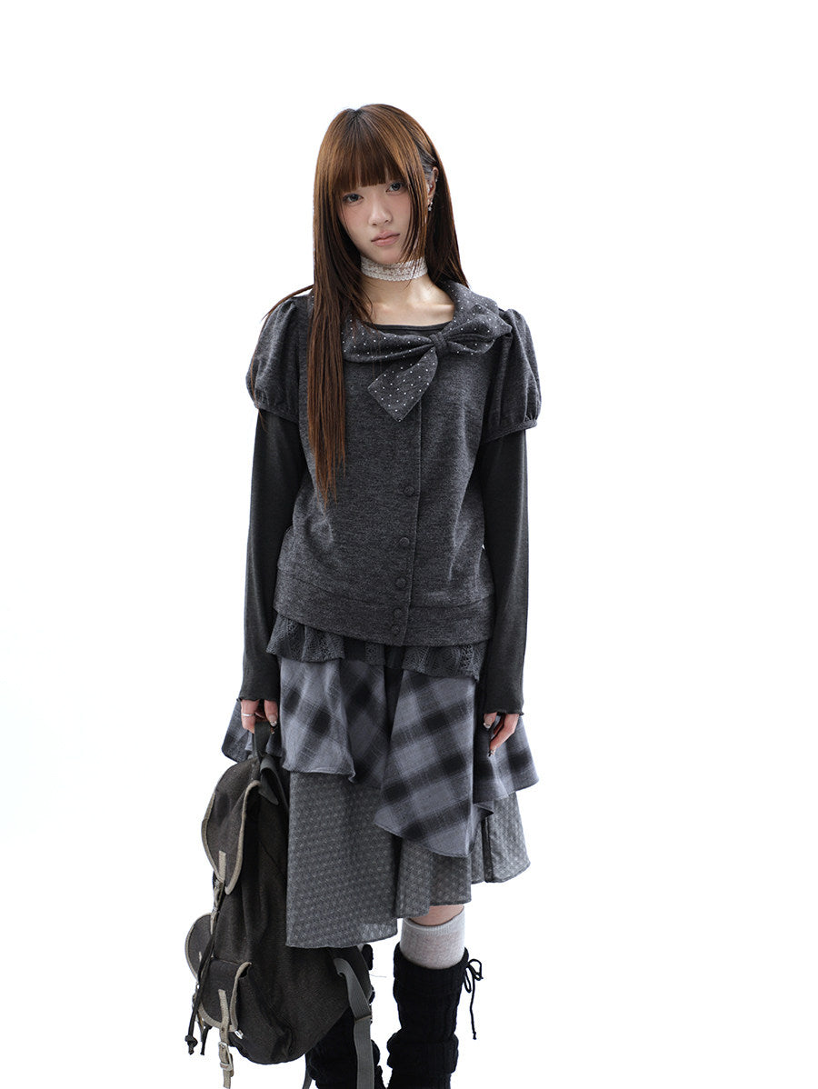 Polka Dot Bow Knit Top & Long Sleeve Two-Piece Set