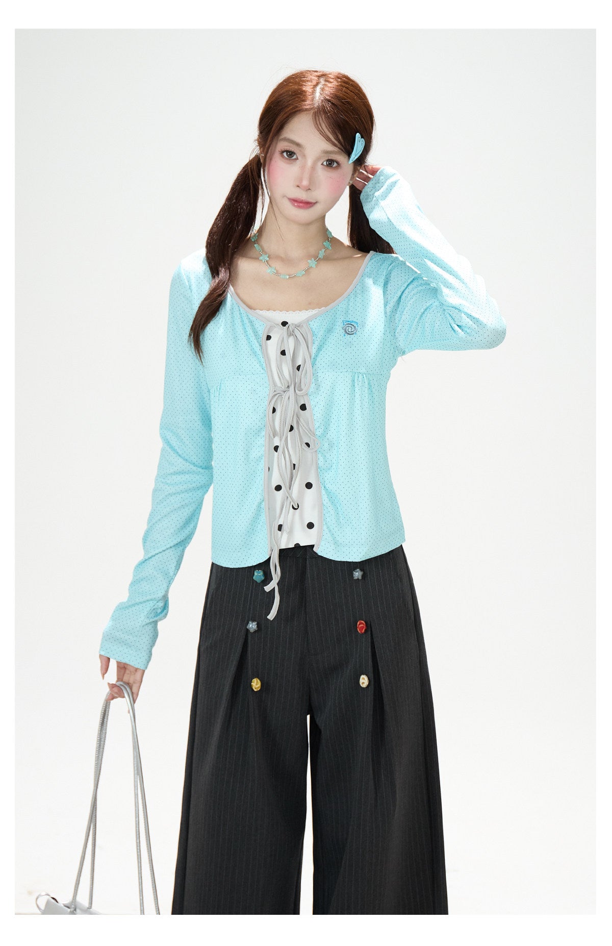 Polka-Dot Tie-Front Layered Long Sleeve Top & Pinstripe Button Wide-Leg Pants