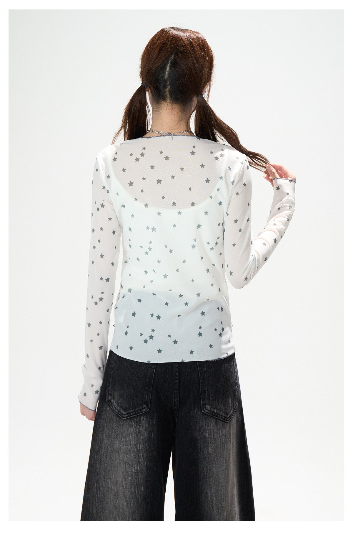 Anime Star Polka-Dot Mesh Long Sleeve Top & Bunny Graphic Wide-Leg Jeans