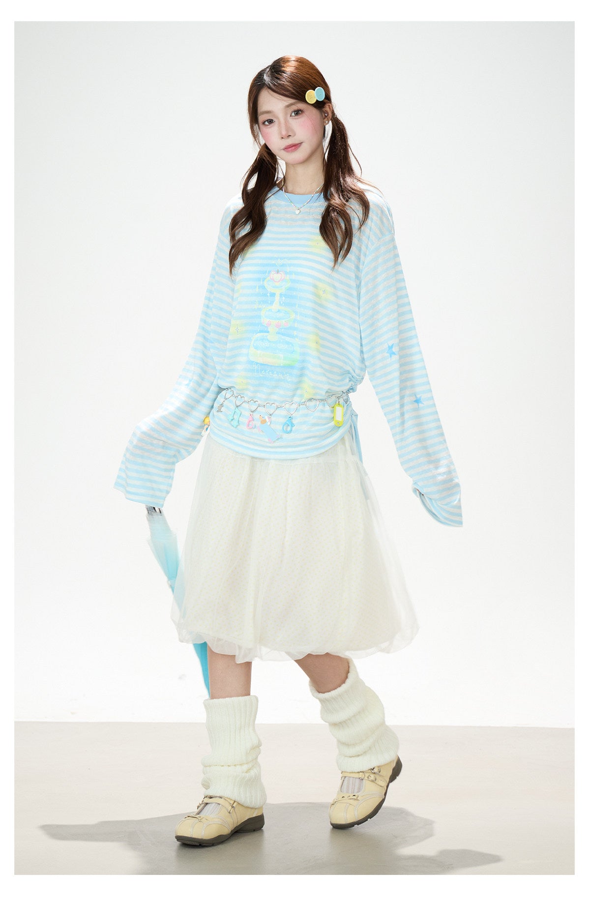 Pastel Stripe Cartoon Drawstring Long Sleeve Top & Khaki Wide-Leg Pants