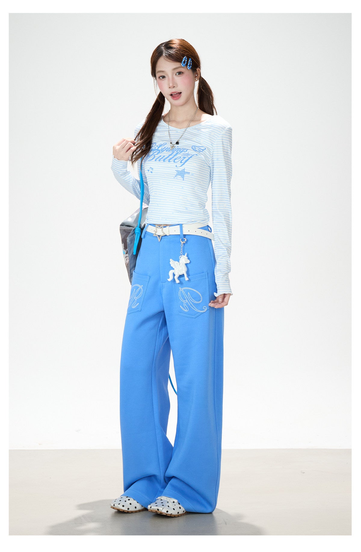Star Stripe Long Sleeve Top & Blue Wide-Leg Pants