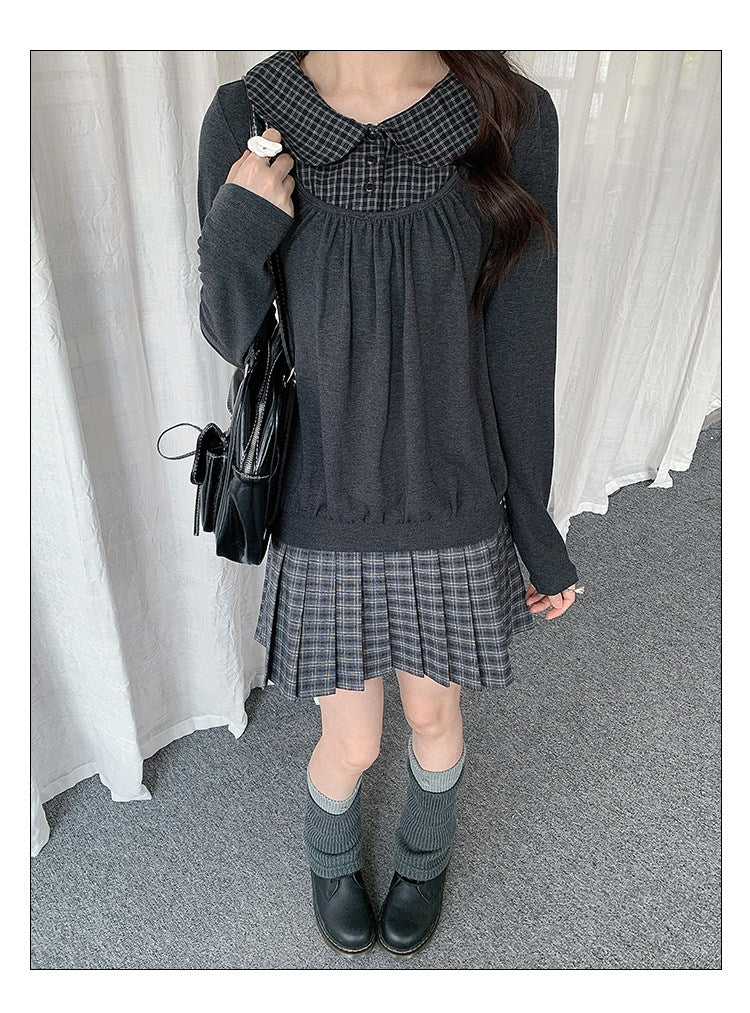 Plaid Collar Layered Long Sleeve Top