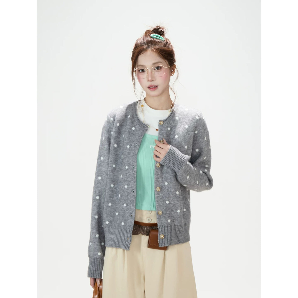 Polka-Dot Jacquard Knit Cardigan & Washed Flare Jeans