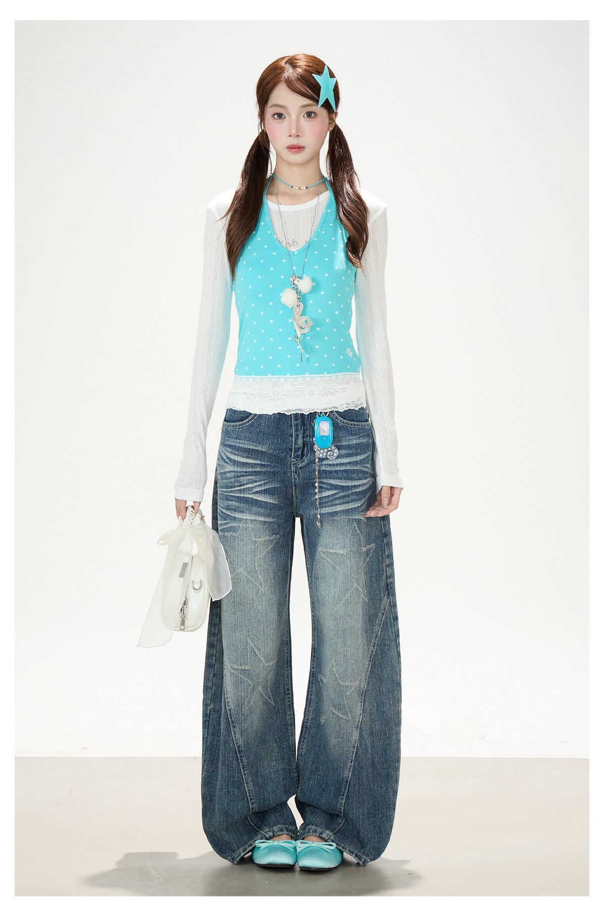 Sheer Cat Doodle Long Sleeve Top, Polka-Dot Cami & Washed Wide-Leg Jeans