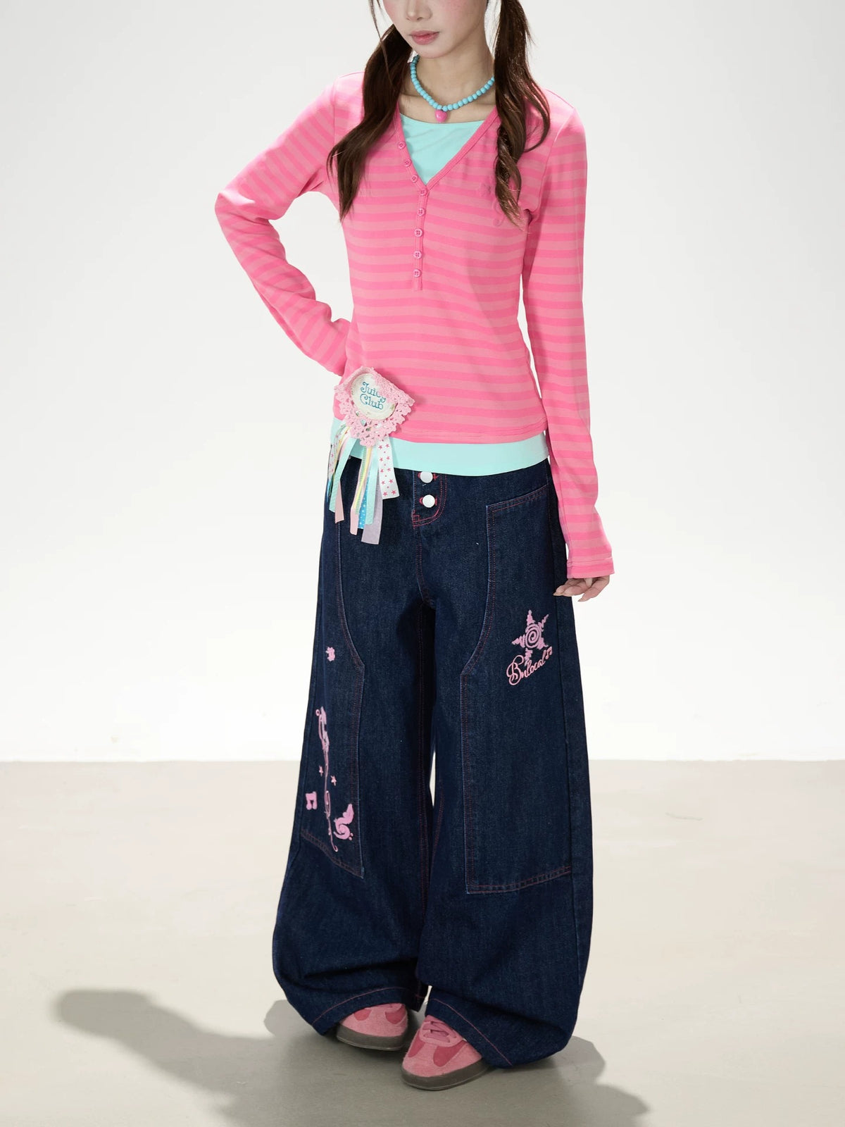 Pink Stripe Layered Long Sleeve Top & Music Note Star Embroidered Wide-Leg Jeans