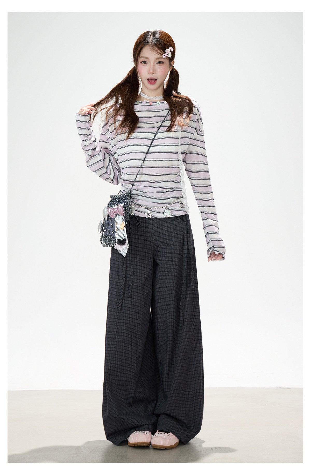 Striped Off-Shoulder Long Sleeve Top & Polka-Dot Midi Skirt