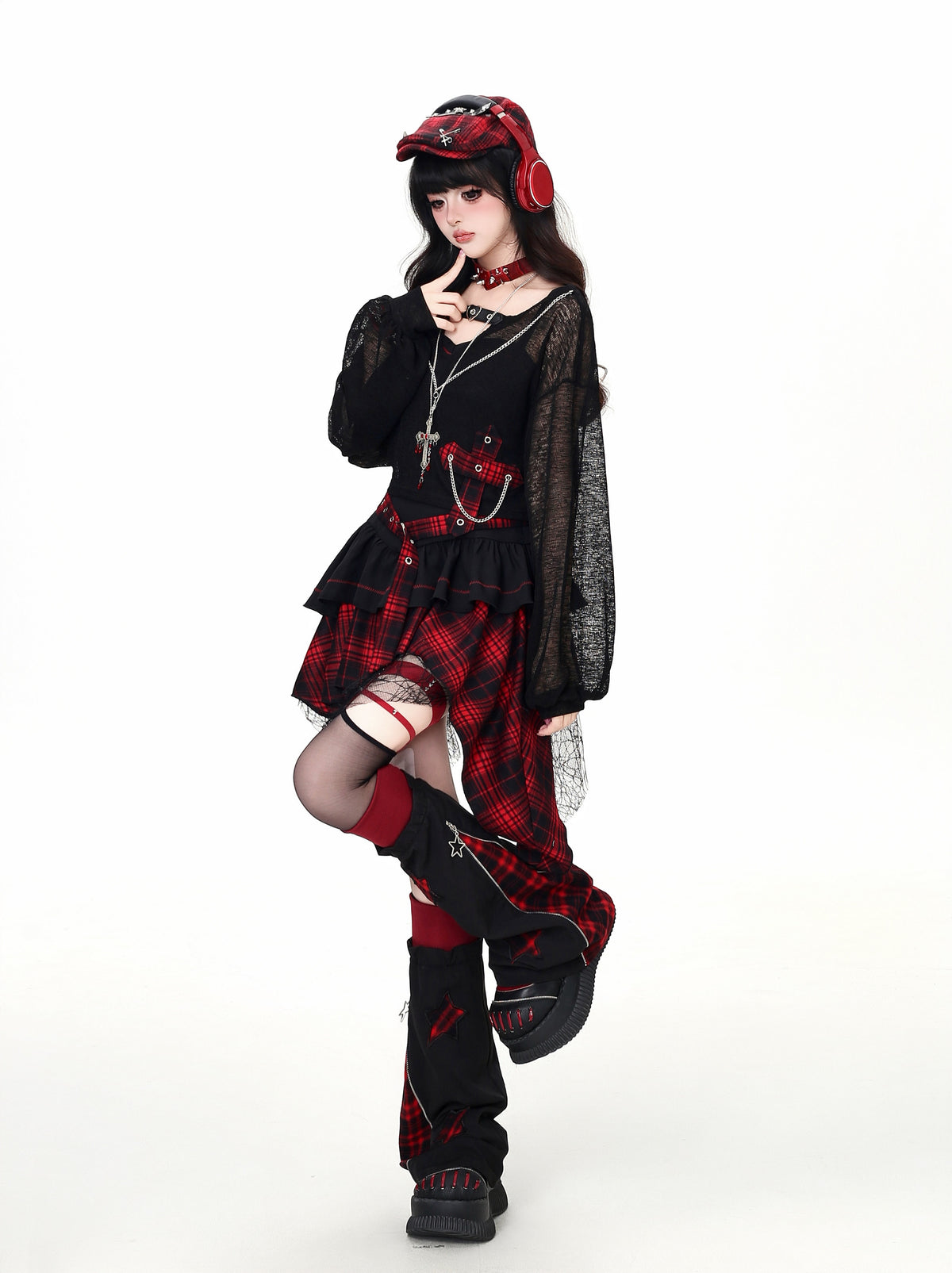Lost Island Plaid Layered Dress, Sheer Shrug & Star Leg Warmers
