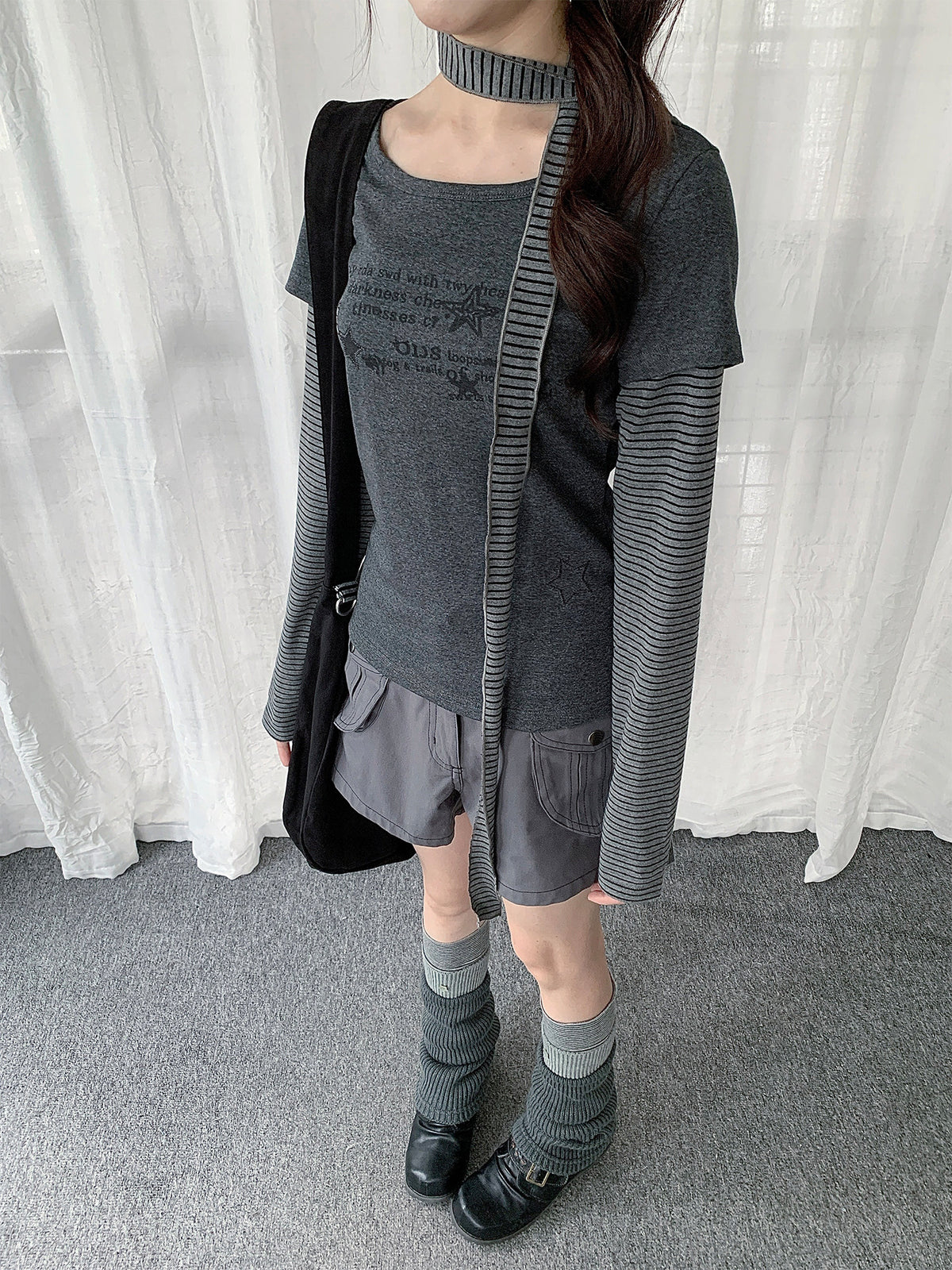 Striped Scarf Layered Long Sleeve Top