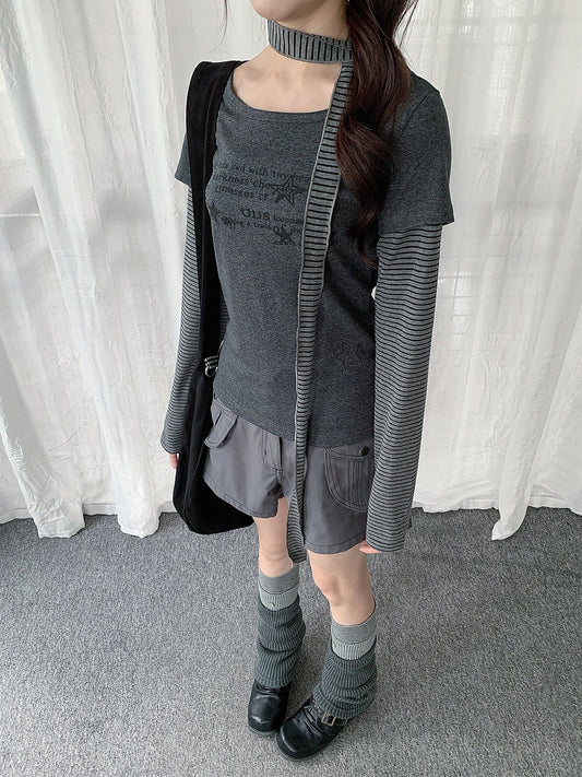Striped Scarf Layered Long Sleeve Top
