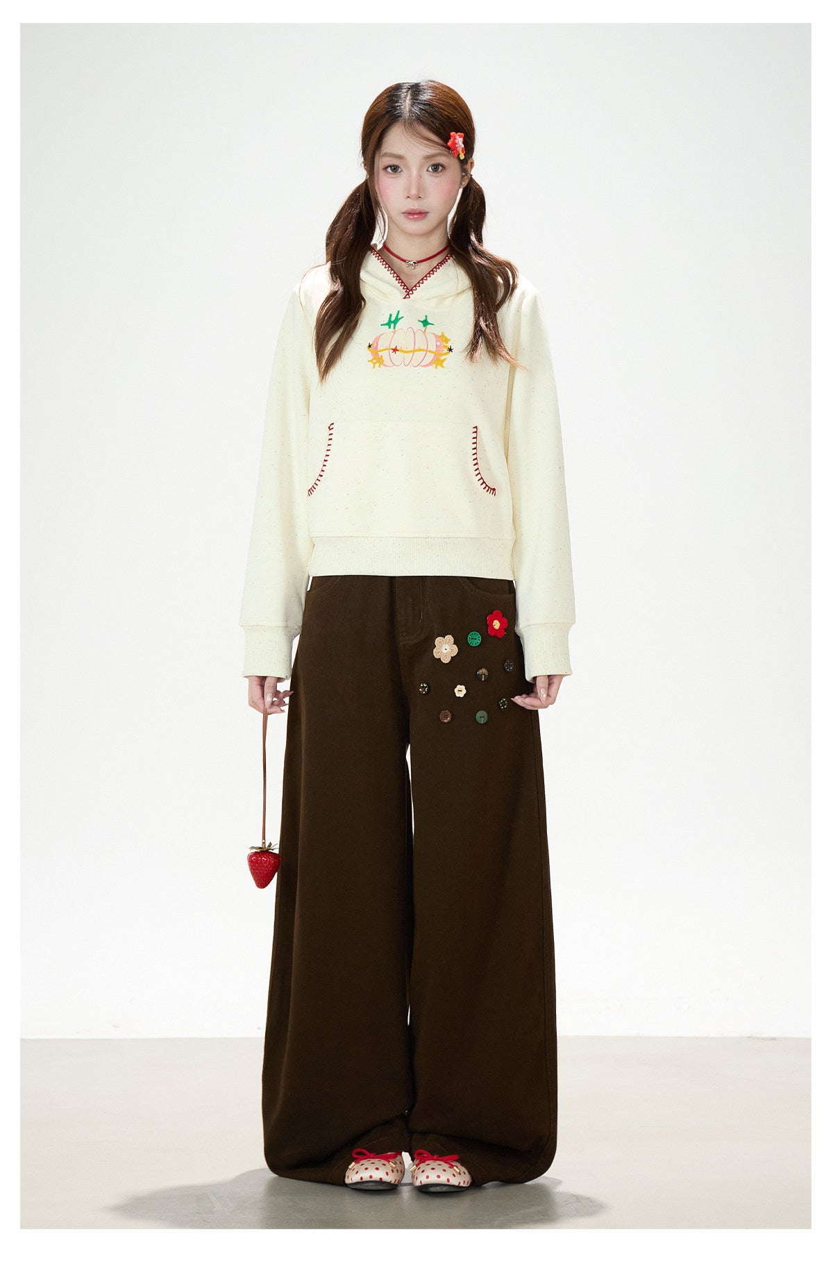 Apple Embroidered Hoodie & Floral Wide-Leg Sweatpants