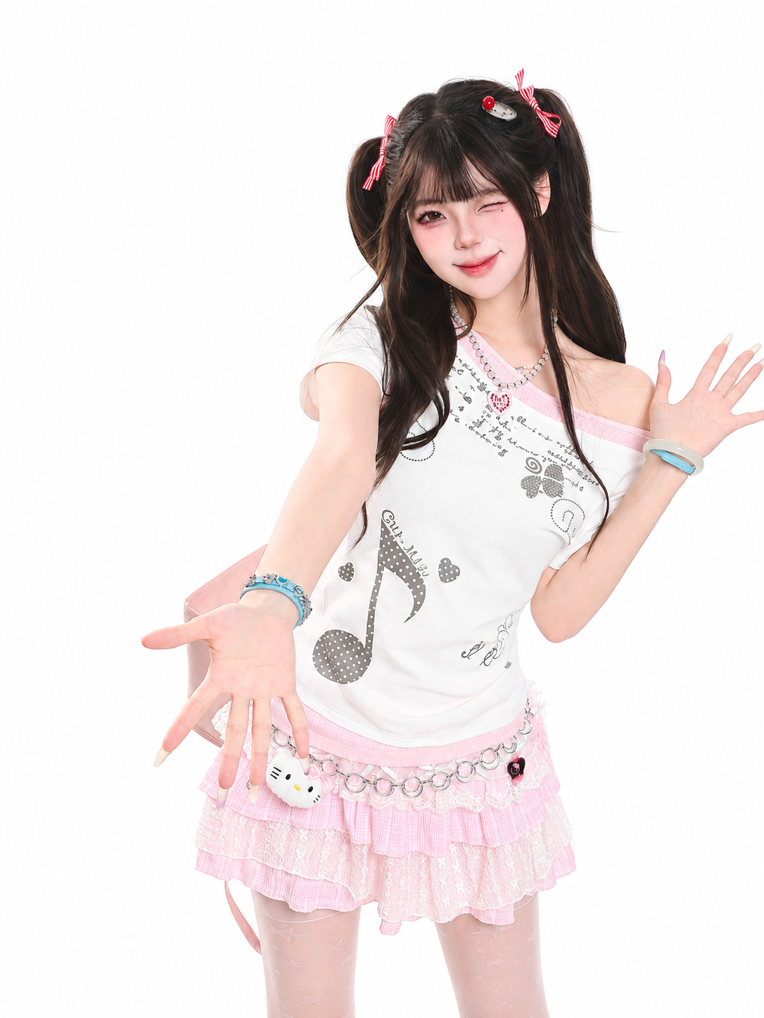 Music Note Faux-Layered Off-Shoulder Fitted Tee