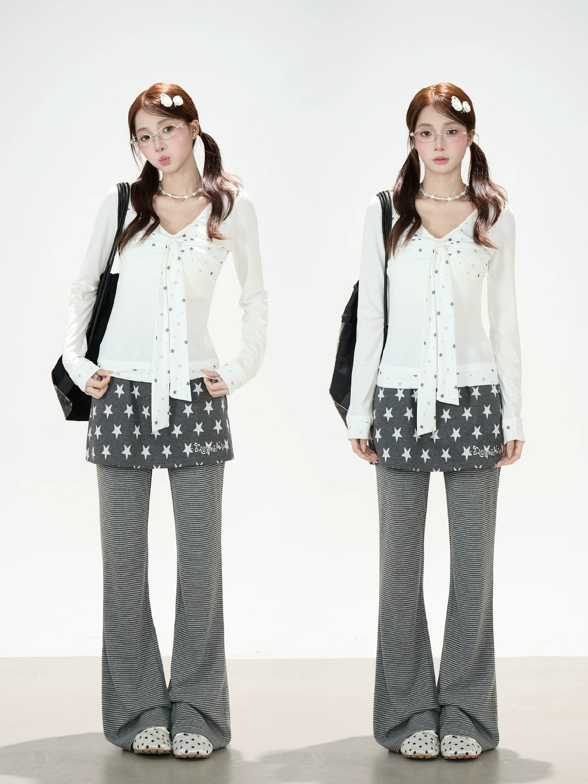 Star Skirt-Layer Stripe Flared Pants