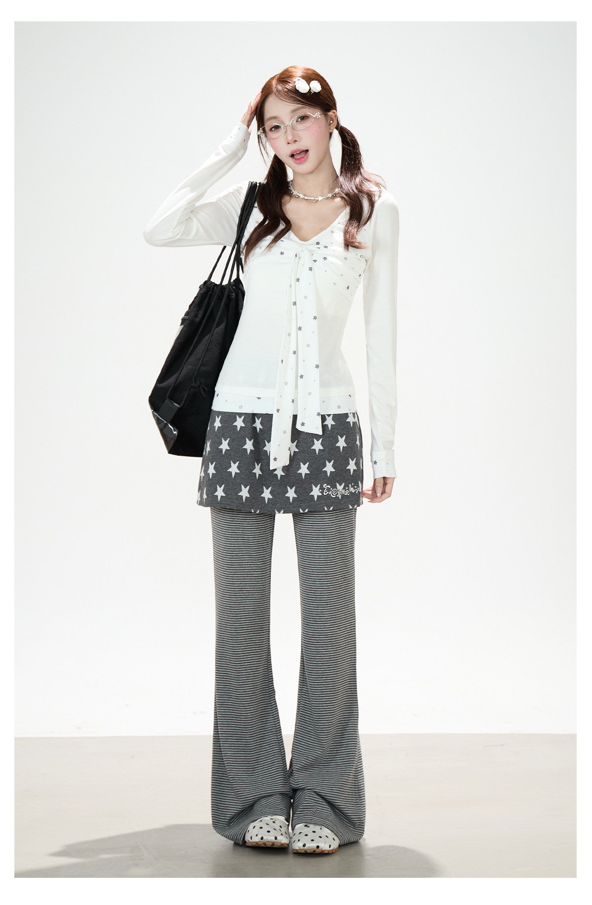 Star Bow-Tie Long Sleeve Top & Star Skirt-Layer Stripe Flared Pants