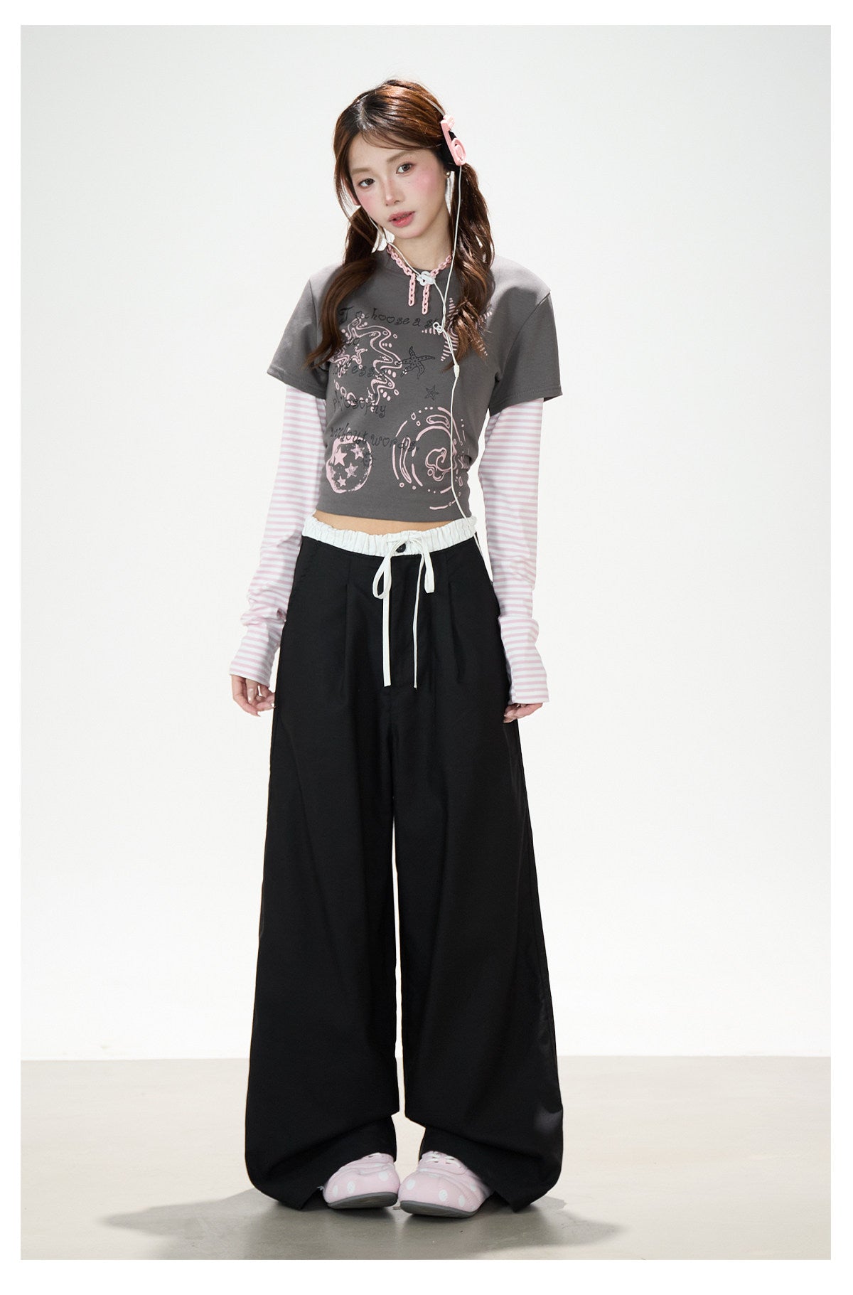 Graffiti Layered Long Sleeve Top & Black Wide-Leg Pants