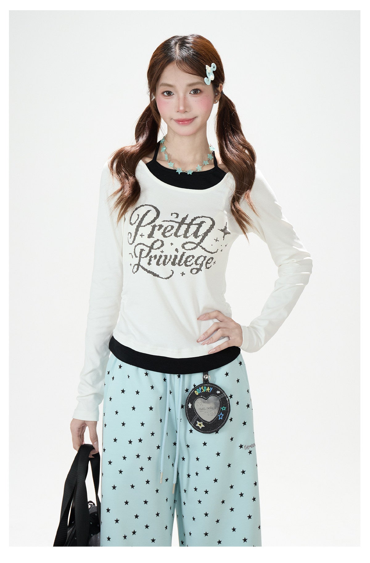 Contrast Halter Layered Long Sleeve Top & Allover Star Wide-Leg Sweatpants