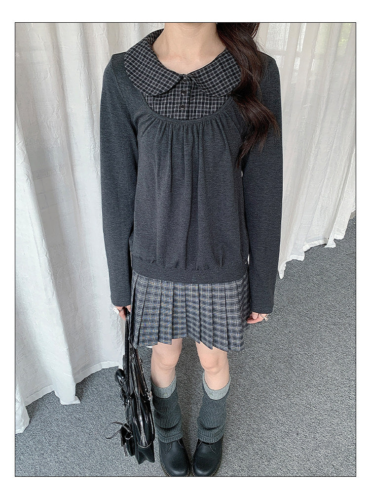 Plaid Collar Layered Long Sleeve Top