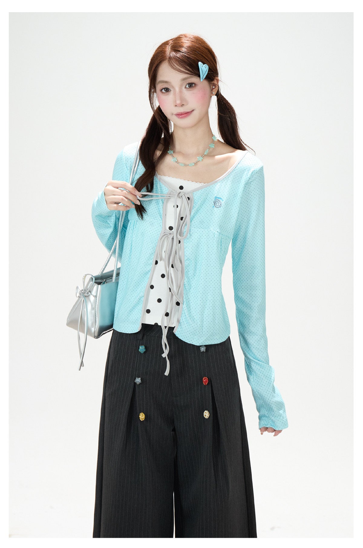 Polka-Dot Lace-Up Layered Long Sleeve Top & White Mini Skirt