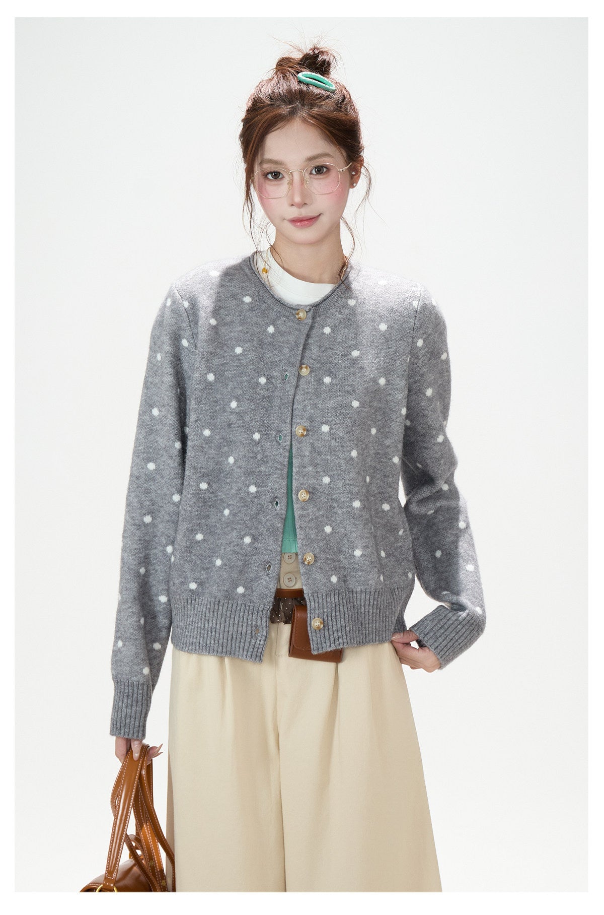 Polka-Dot Jacquard Knit Cardigan & Washed Flare Jeans