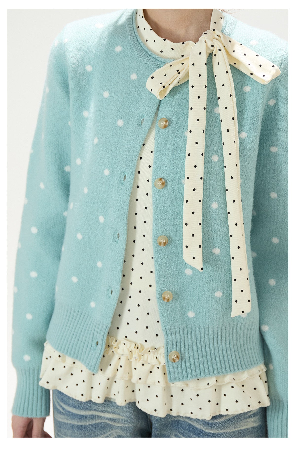 Polka-Dot Jacquard Knit Cardigan & Washed Flare Jeans