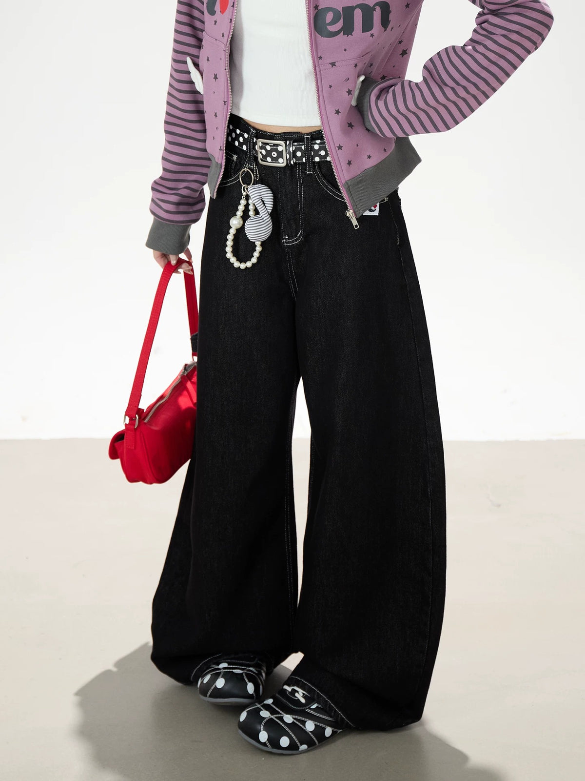 Washed Black Curved Wide-Leg Jeans