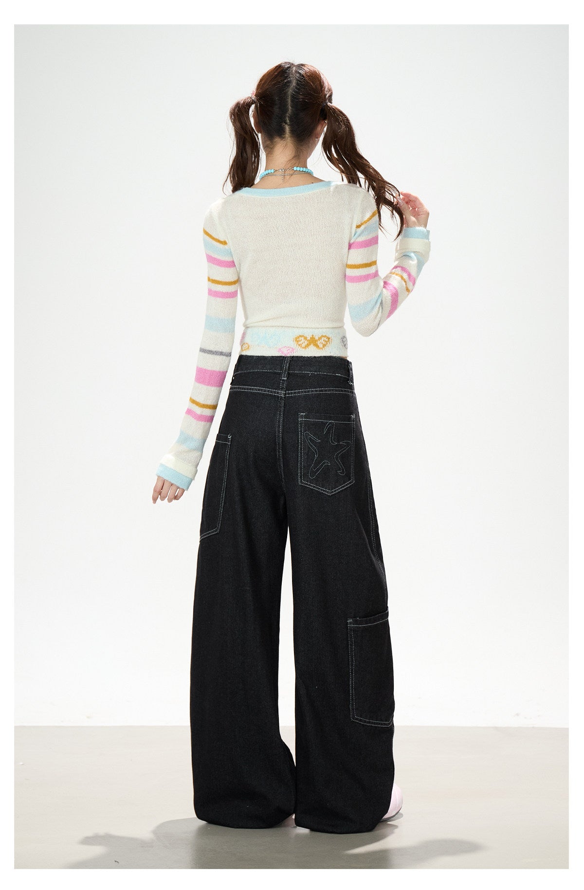 Star Embroidered Deconstructed Wide-Leg Cargo Jeans